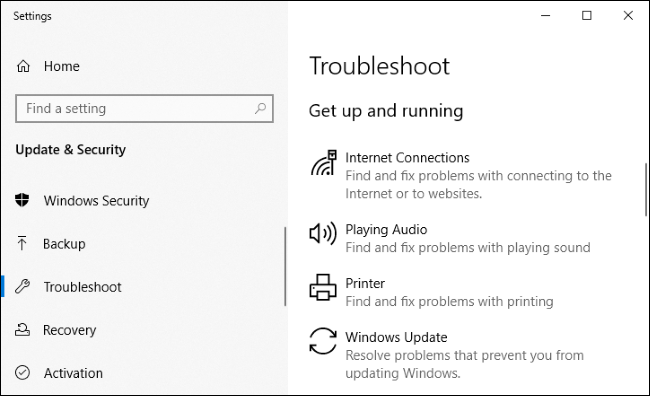 Herramientas de solución de problemas en la aplicación de configuración de Windows 10