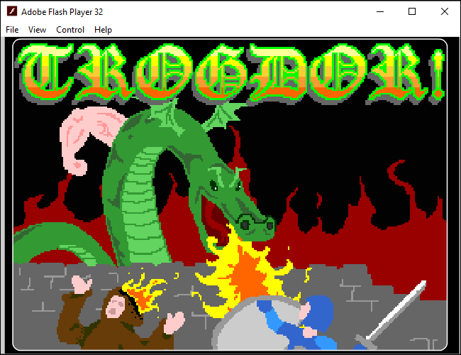 Pantalla de presentación del juego Trogdor en el Adobe Flash Player independiente en Windows