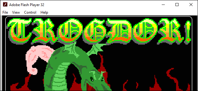 Adobe Flash Player en Windows que muestra el juego Trogdor Flash de Homestar Runner