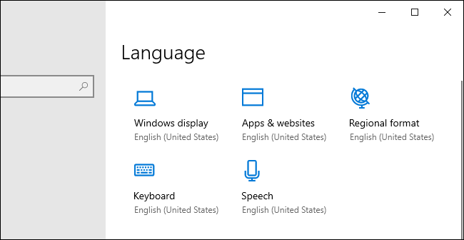 Nuevos iconos de opciones de idioma en la aplicación de configuración de Windows 10.