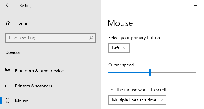 Establecer la velocidad del cursor del mouse en la aplicación Configuración de Windows 10.