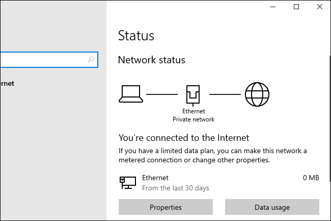 Nuevas opciones de estado de red de Windows 10 20H1.