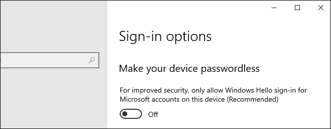 Opción para hacer que su dispositivo no tenga contraseña en Windows 10.