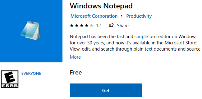 Bloc de notas de Windows disponible para descargar en la tienda de Windows 10.