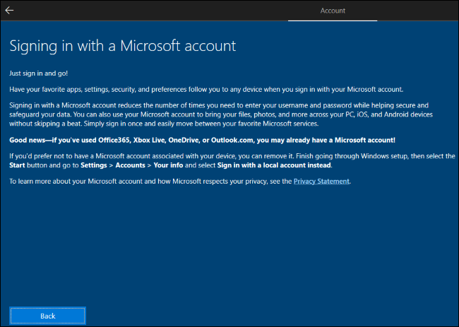 Windows 10 explica que debe crear una cuenta de Microsoft y luego eliminarla.