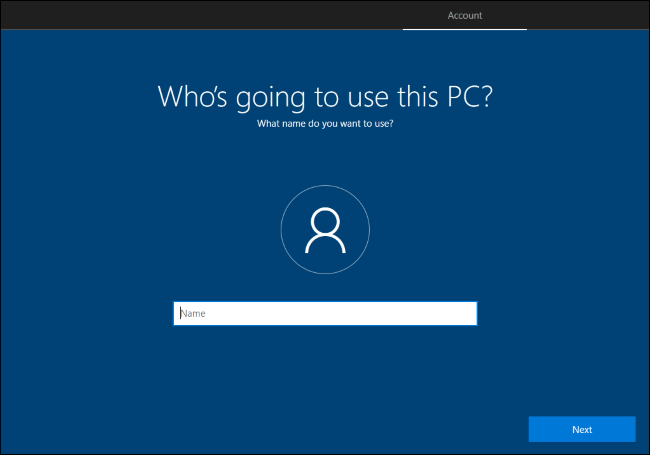 Creación de una cuenta de usuario local en el proceso de configuración de Windows 10.