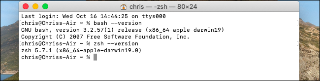 Ver las versiones de Bash y Zsh en macOS Catalina.