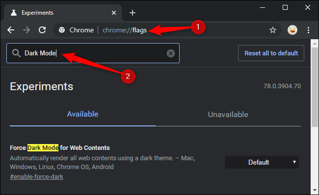 Encontrar el indicador "Forzar modo oscuro para contenido web".