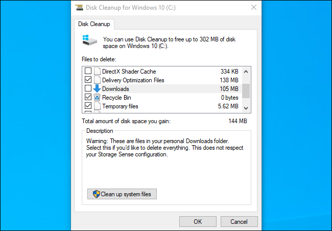 Liberador de espacio en disco que muestra la carpeta Descargas en la actualización de noviembre de 2019 de Windows 10.