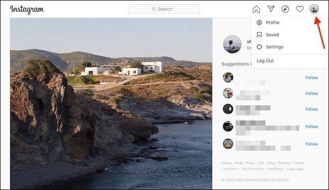 Abrir menú de perfil en el sitio web de Instagram