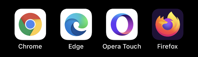 Los iconos de Chrome, Edge, Opera Touch y Firefox.