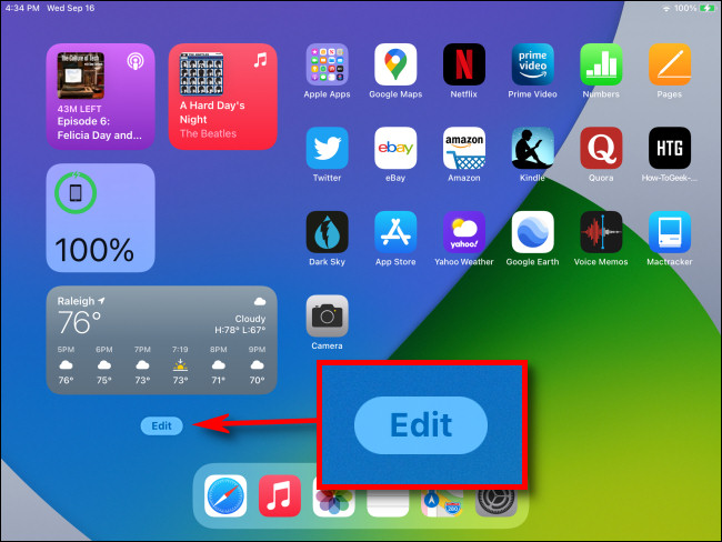 En la parte inferior de la vista Hoy en la pantalla de inicio de su iPad, toque el botón "Editar".