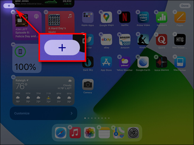 Mientras editas la vista Hoy, toca el botón "más" para agregar widgets en iPadOS 14.