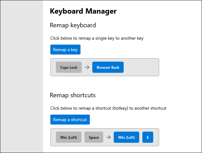 Reasignación de teclas y atajos de teclado en Keyboard Manager PowerToy.