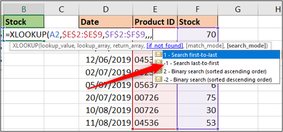 Opciones del modo de búsqueda con XLOOKUP