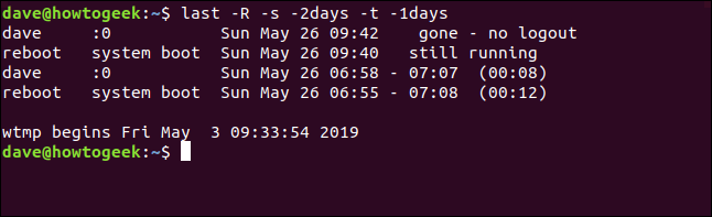 last -R -s -2days -t -1days en una ventana de terminal