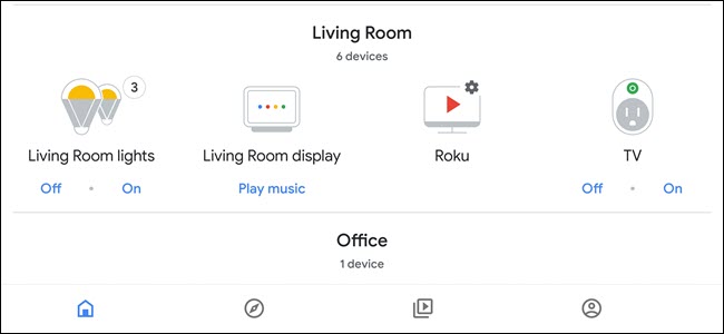 Aplicación Google Assistant con varios dispositivos agrupados en Living Room
