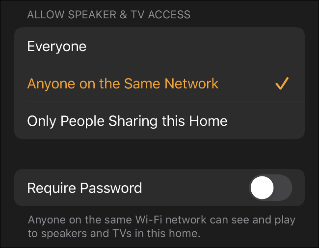  El menú "Permitir acceso al altavoz y al televisor" en la aplicación Inicio para iOS.