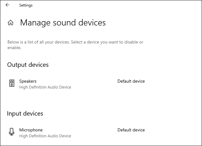 Administrar dispositivos de sonido predeterminados en la aplicación Configuración de Windows 10.