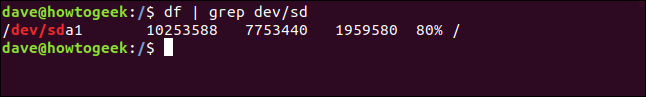 tubería df a través de grep en una ventana de terminal