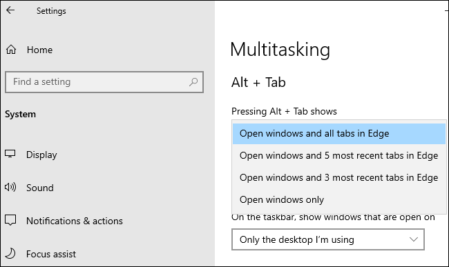 Opciones de Edge Alt + Tab en Configuración> Sistema> Multitarea.