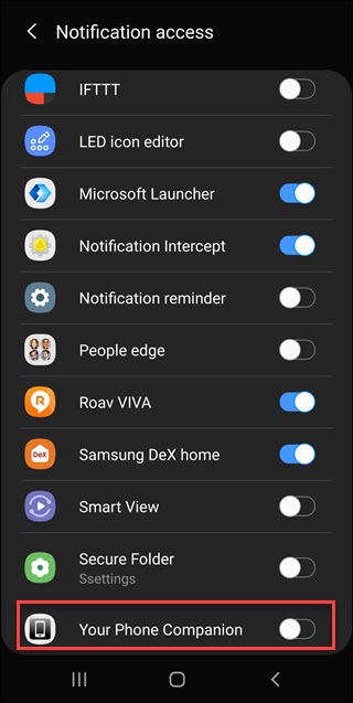 Configuración de acceso a notificaciones de Android con un cuadro alrededor de la palanca de compañero de su teléfono.