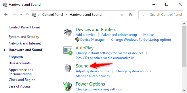 Abrir opciones de sonido en el Panel de control de Windows 10