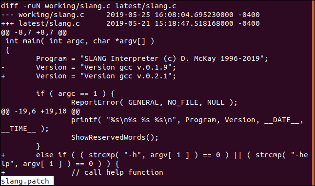 menos slang.patch que muestra la parte superior del archivo en una ventana de terminal