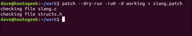 patch --dry-run -ruN -d trabajando <slang.patch en una ventana de terminal