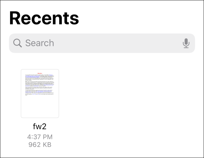 Esta vista en la aplicación Archivos muestra su PDF guardado recientemente