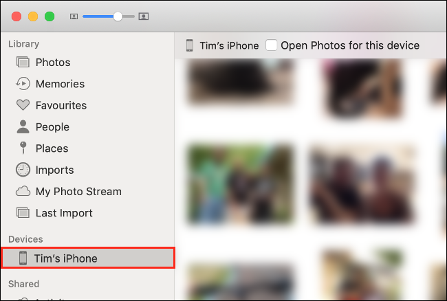 Seleccione su teléfono en "Dispositivos" en la aplicación Fotos en macOS.
