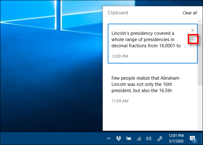 Haga clic en el icono de alfiler para anclar un elemento a su historial del Portapapeles