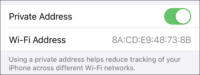 La palanca de "Dirección privada" en iOS 14.