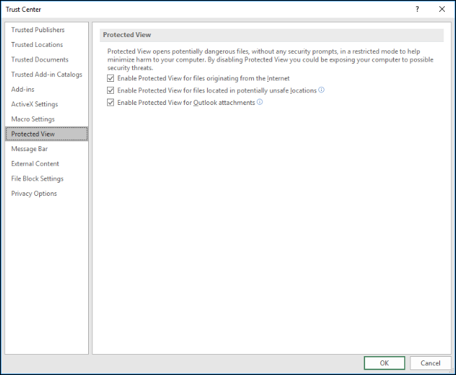 Configuración de Vista protegida de Excel