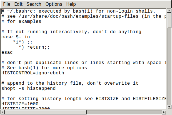 editor de leafpad con .bashrc cargado en él
