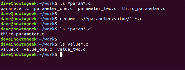 cambiar el nombre de 's / ^ parámetro / valor /' * .c en una ventana de terminal