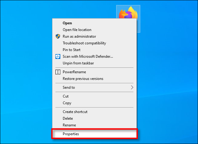 En Windows 10, haga clic con el botón derecho en un acceso directo del escritorio y seleccione "Propiedades".