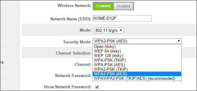 Opciones de seguridad de configuración del enrutador, mostrando varias opciones de cifrado diferentes.