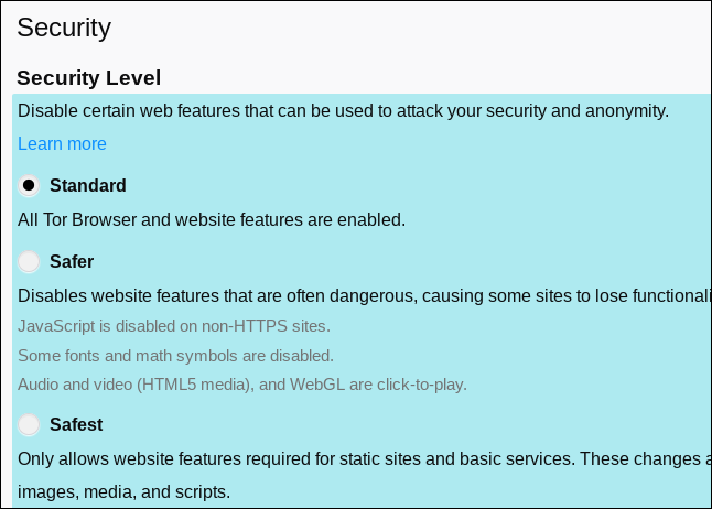 Configuración de seguridad del navegador Tor