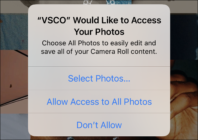 La solicitud de permiso de fotos en iOS 14.