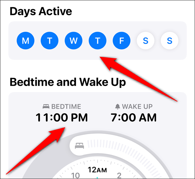 Toque los días de la semana en los que desea usar este horario y luego configure sus horas de "Hora de dormir" y "Despertar".