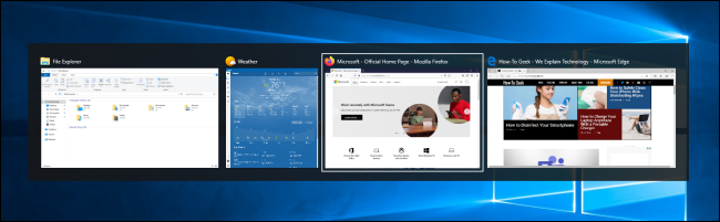 Cuatro miniaturas de ventanas abiertas en el Selector de tareas de Windows 10.