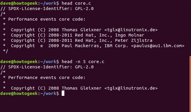 comando head en una ventana de terminal