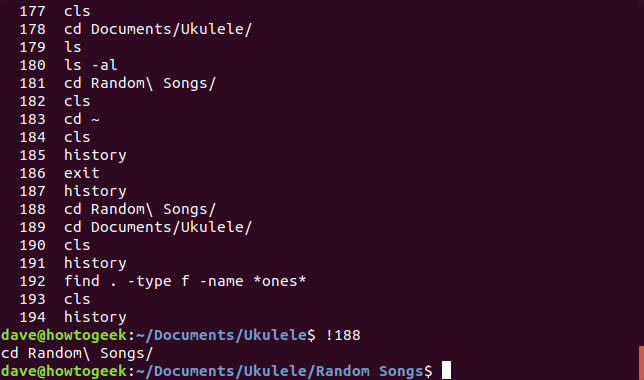 comando de historial en una ventana de terminal