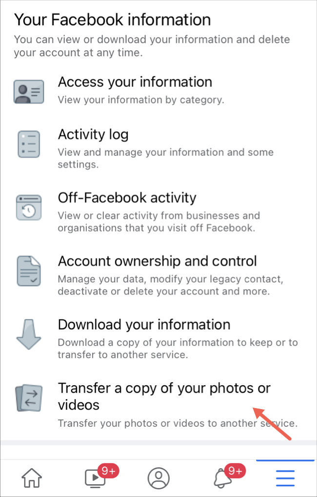 Seleccione la opción de transferir fotos y videos en la aplicación de Facebook