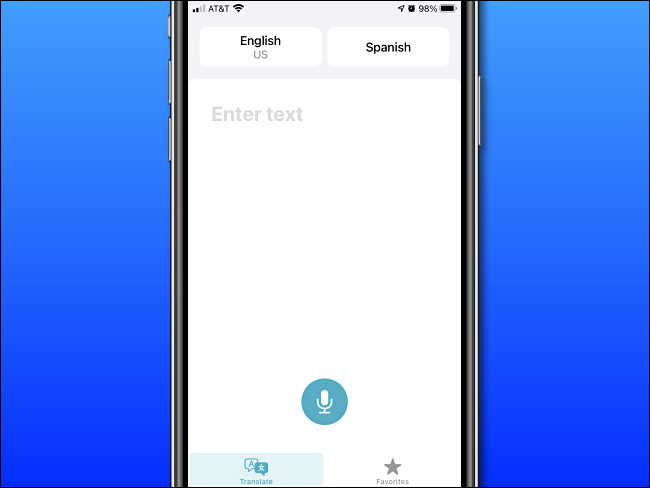 Pantalla de entrada básica de Apple Translate en iPhone
