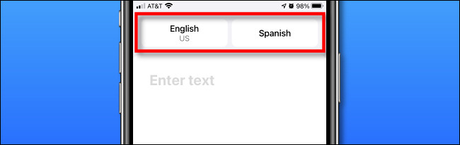 Los botones de selección de idioma en Apple Translate en iPhone.