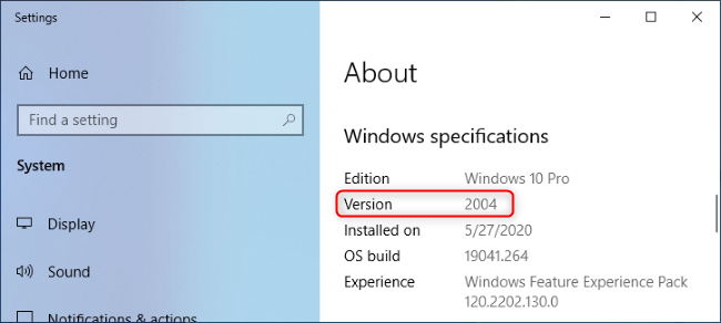 Windows 10 versión 2004 se muestra en la ventana Acerca de.