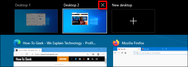 Seleccione la "X" sobre una miniatura de escritorio virtual para cerrarla.