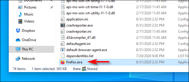 Localizar el archivo EXE de una aplicación en el Explorador de archivos en Windows 10.